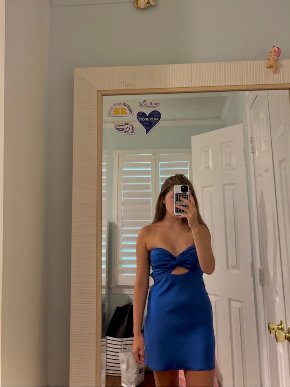 Strapless royal blue mini dress